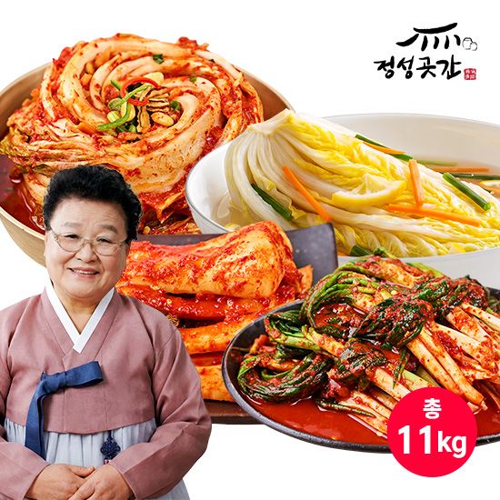 [4종, 11kg] 정성곳간 강순의김치 포기6kg+총각2kg+파2kg+유자백김치1kg