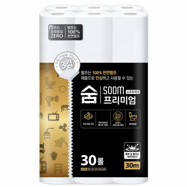 soom 숨 프리미엄 블랙 화장지 3겹30m 30롤*1팩
