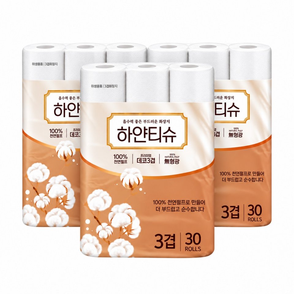 하얀티슈화장지 천연펄프 30m 90롤 3팩세트