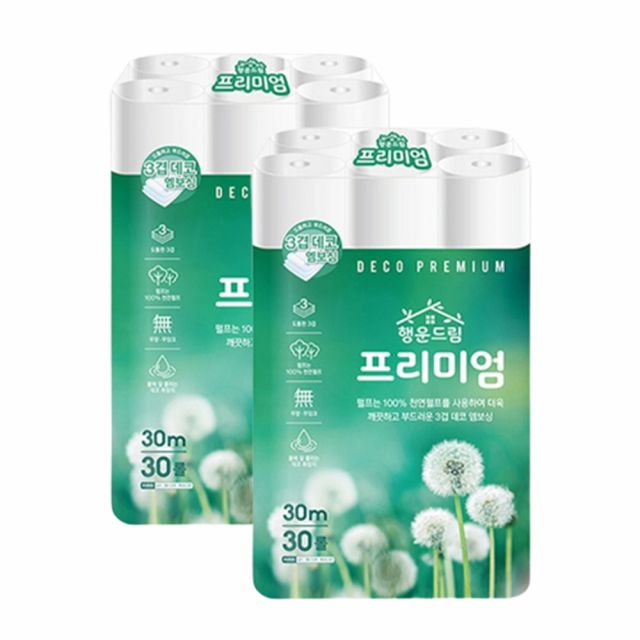 [행운드림] 프리미엄 3겹 롤화장지 30mX30롤 (2팩)